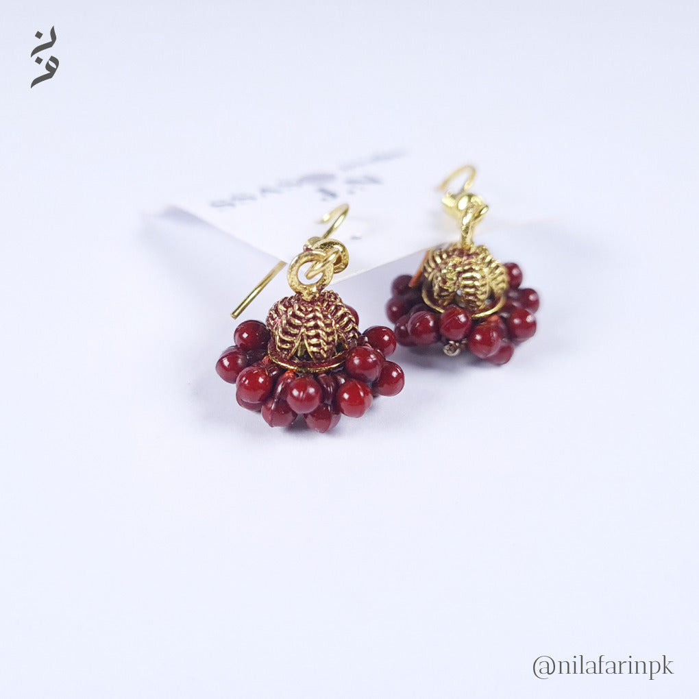 Gold-Toned Red Bead Jhumka Drop Earrings