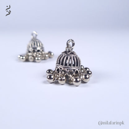 Oxidized Silver-Toned Mini Jhumki Earrings with Metal Bead Dangles
