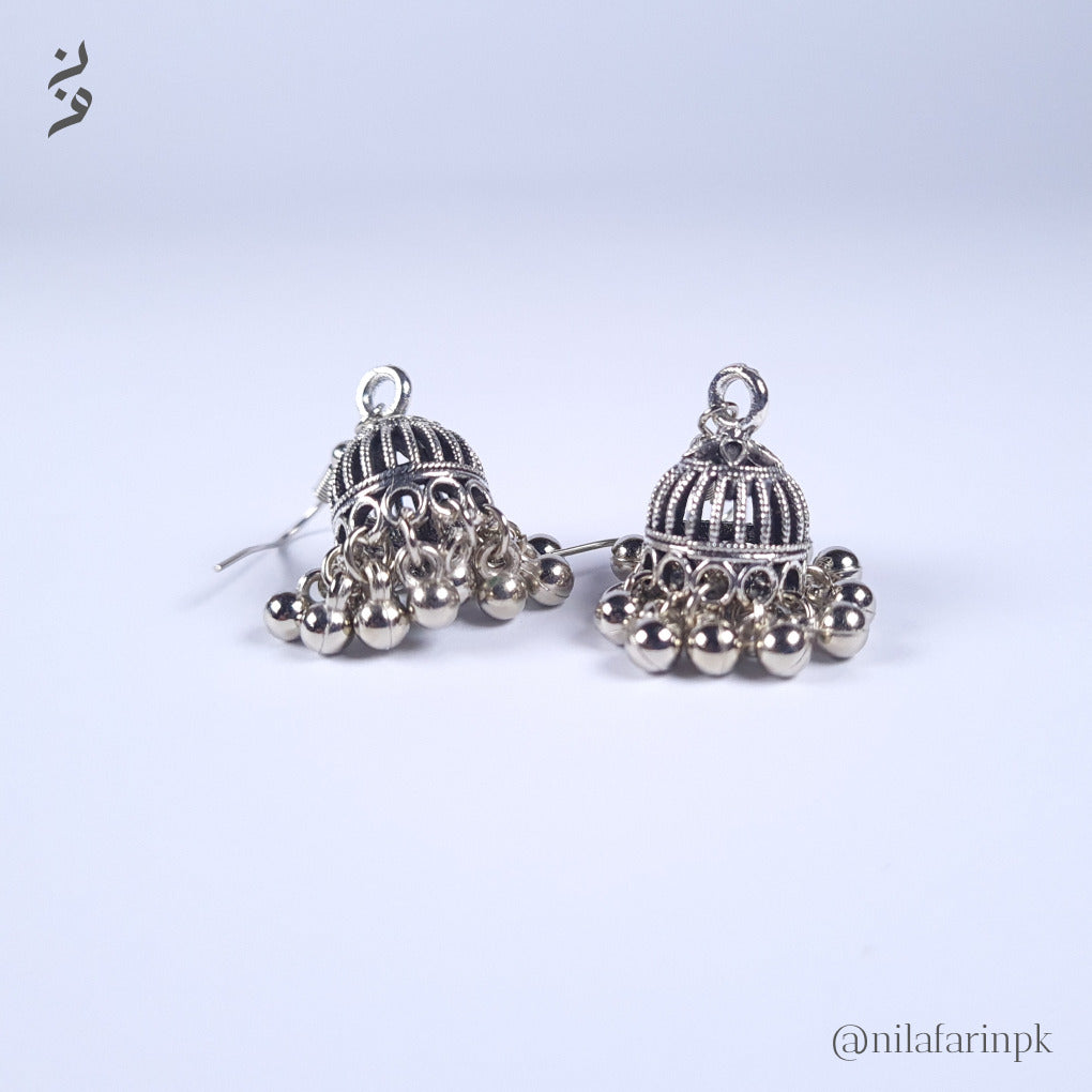 Oxidized Silver-Toned Mini Jhumki Earrings with Metal Bead Dangles