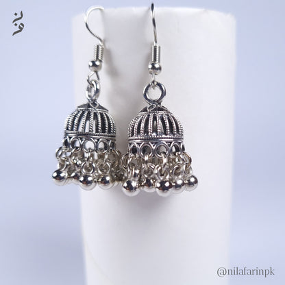Oxidized Silver-Toned Mini Jhumki Earrings with Metal Bead Dangles