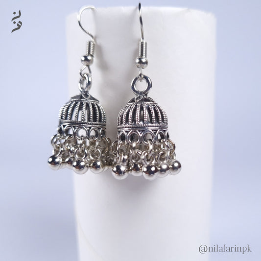 Oxidized Silver-Toned Mini Jhumki Earrings with Metal Bead Dangles