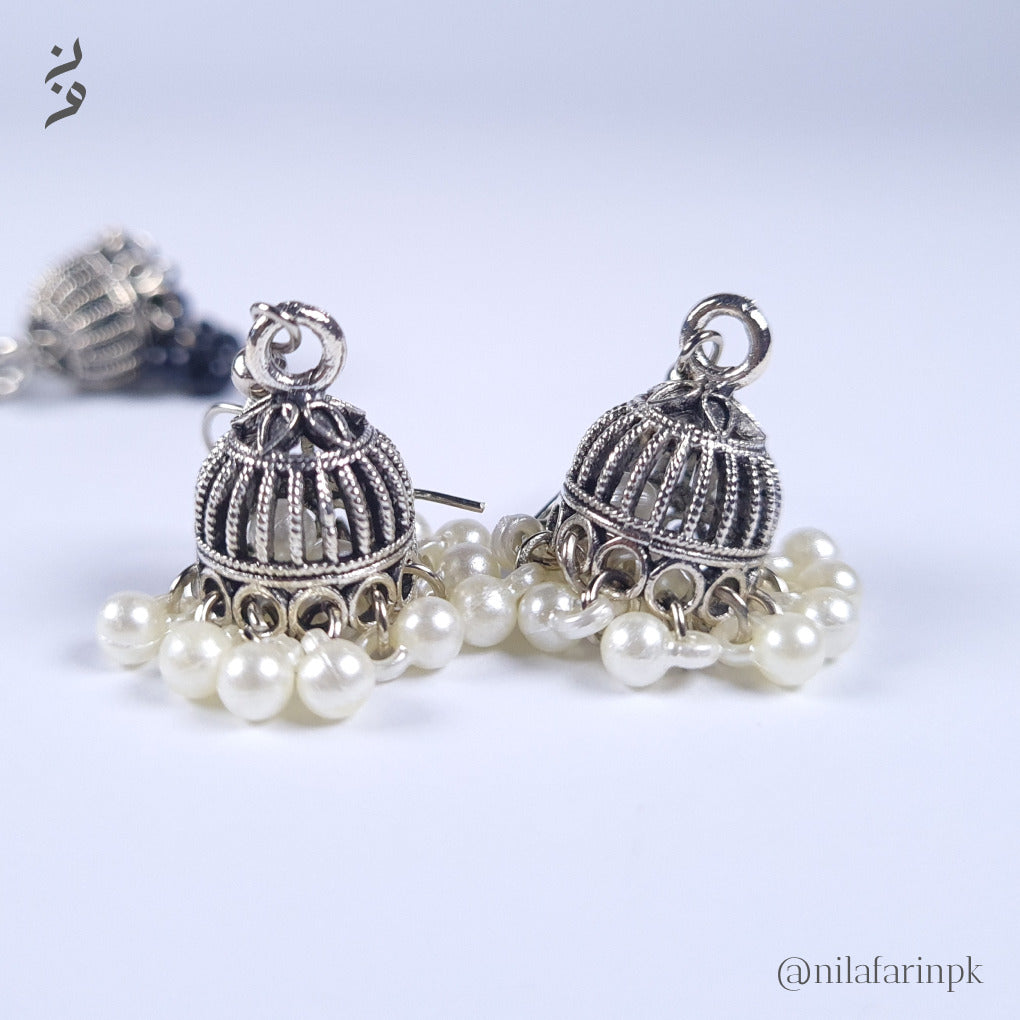 Oxidized Silver-Toned Mini Jhumki Earrings with Metal Bead Dangles