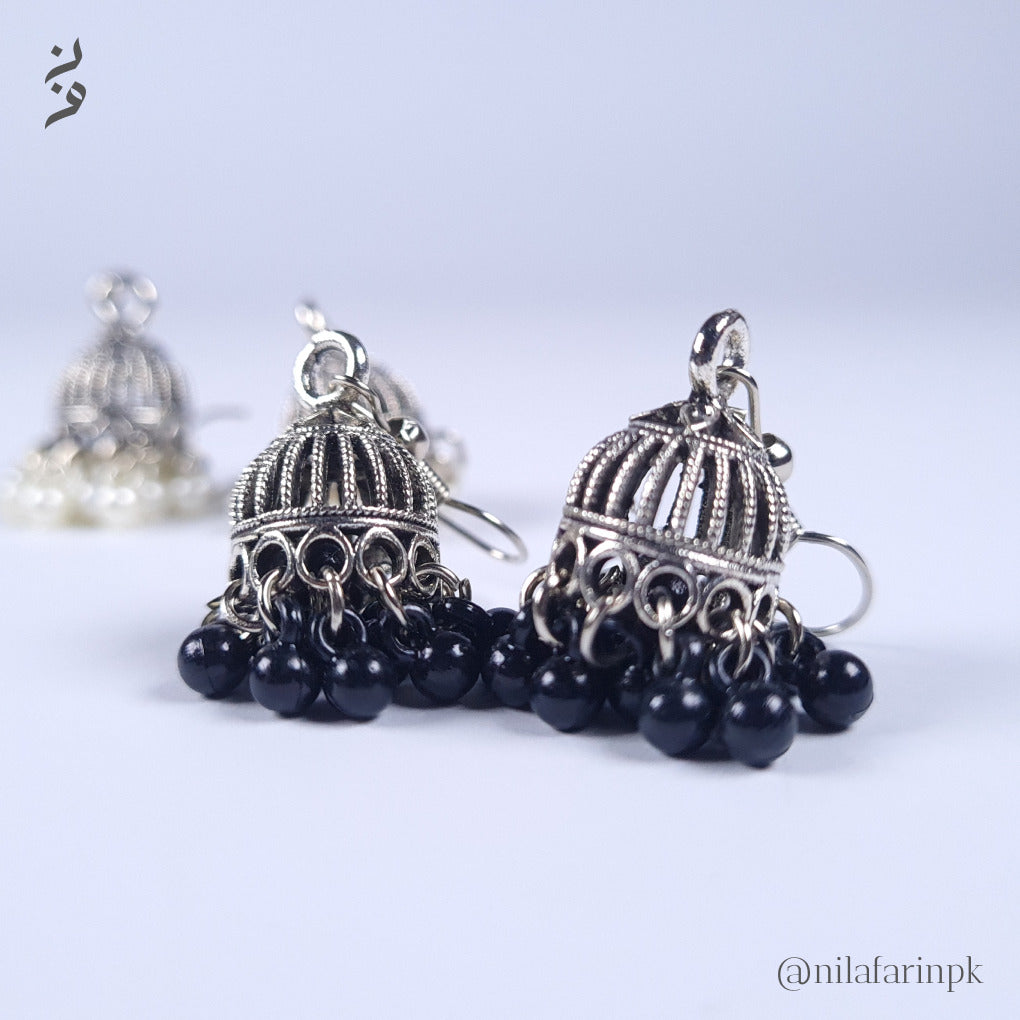 Oxidized Silver-Toned Mini Jhumki Earrings with Metal Bead Dangles
