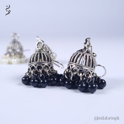 Oxidized Silver-Toned Mini Jhumki Earrings with Metal Bead Dangles