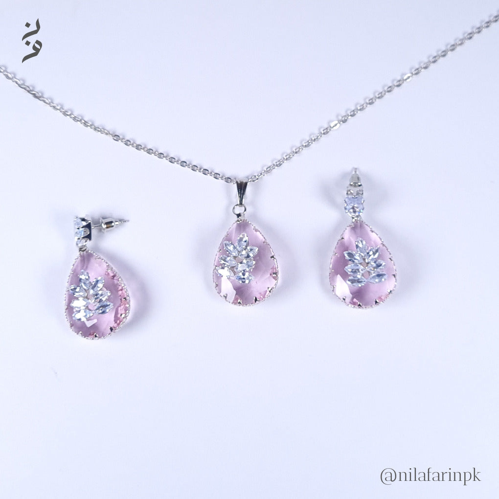 Elegant Pink Teardrop Floral Cluster Necklace & Earrings Set