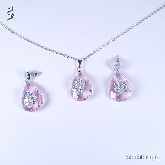 Elegant Pink Teardrop Floral Cluster Necklace & Earrings Set