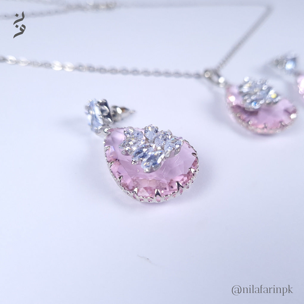 Elegant Pink Teardrop Floral Cluster Necklace & Earrings Set