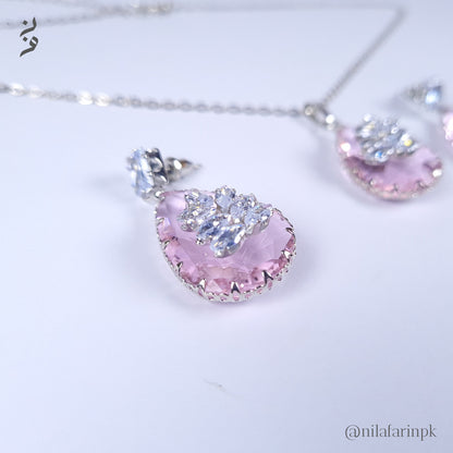 Elegant Pink Teardrop Floral Cluster Necklace & Earrings Set