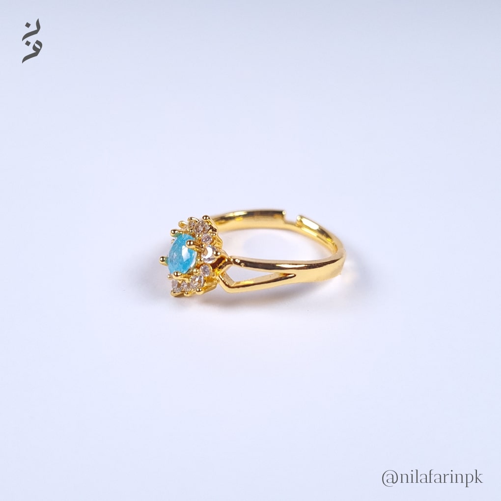 Dainty Adjustable Gold-Plated Blue Teardrop Ring with CZ Halo