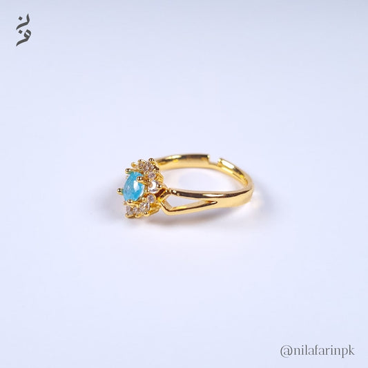Dainty Adjustable Gold-Plated Blue Teardrop Ring with CZ Halo