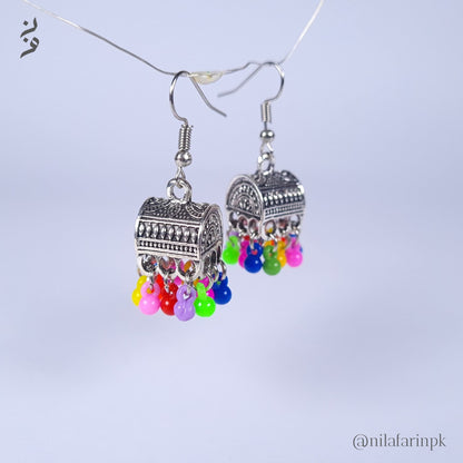 Silver-Toned Box Jhumka Earrings with Bead Drops