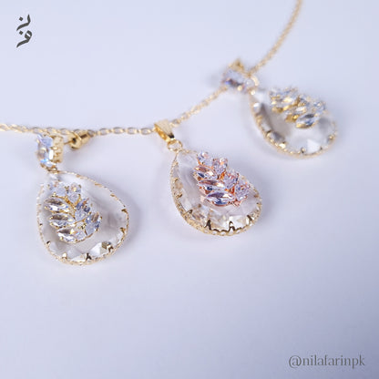 Elegant Pink Teardrop Floral Cluster Necklace & Earrings Set
