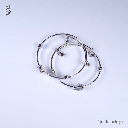 Set of 2 Silver-Toned Minimalist Charm Bangles