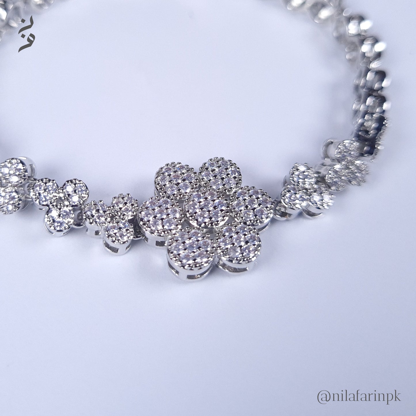 Pave Flower Statement Link Bracelet Silver