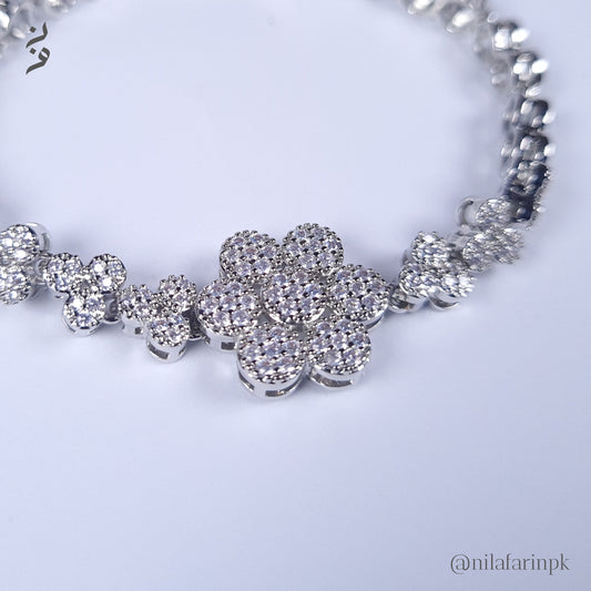Pave Flower Statement Link Bracelet Silver