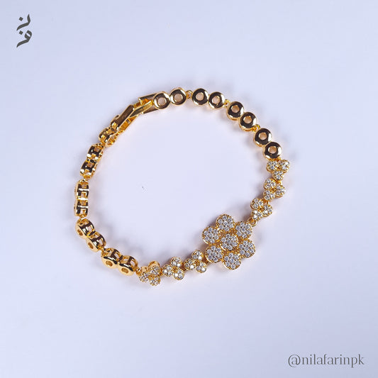 Pave Flower Statement Link Bracelet Gold