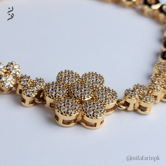 Pave Flower Statement Link Bracelet Gold