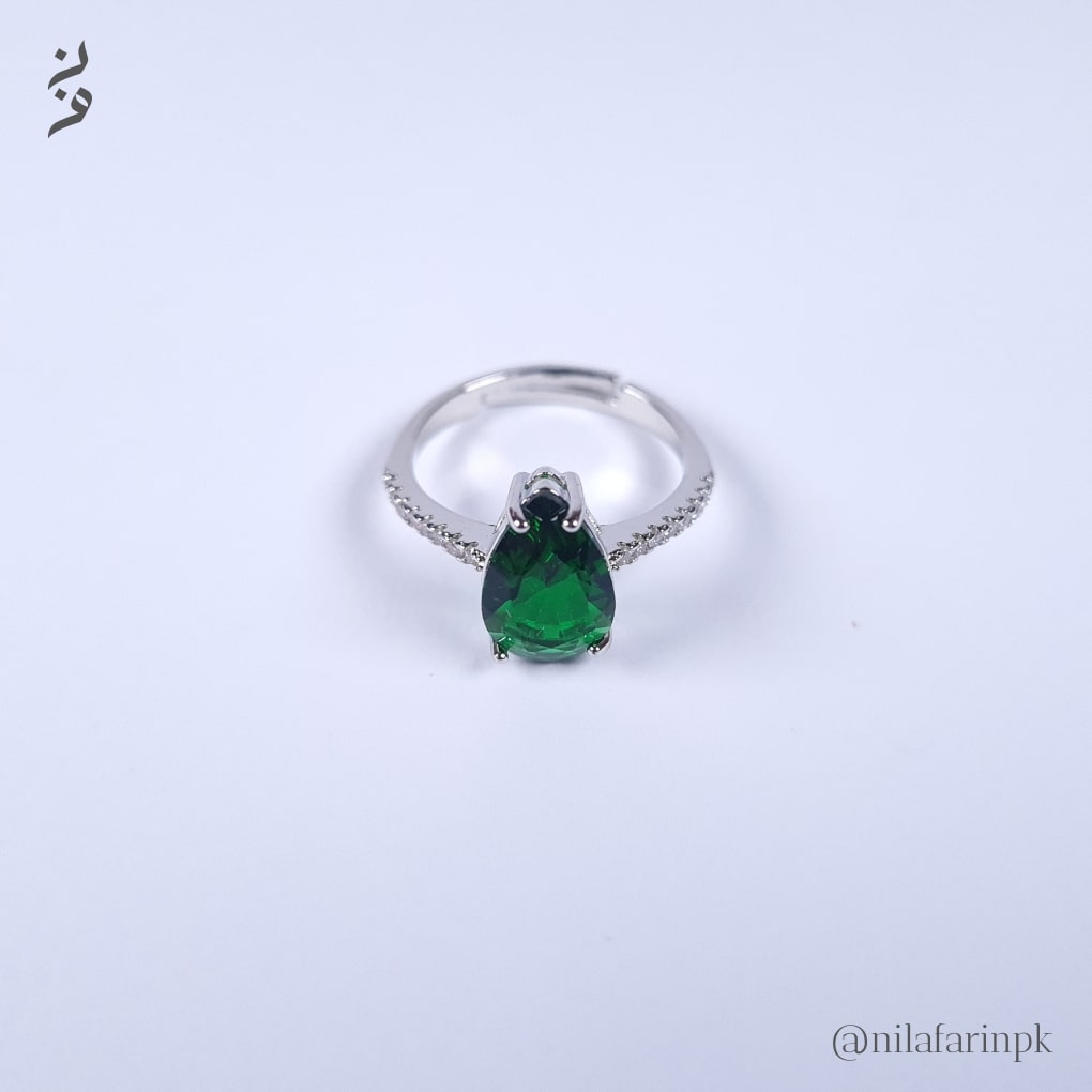Adjustable Green Teardrop Solitaire Ring