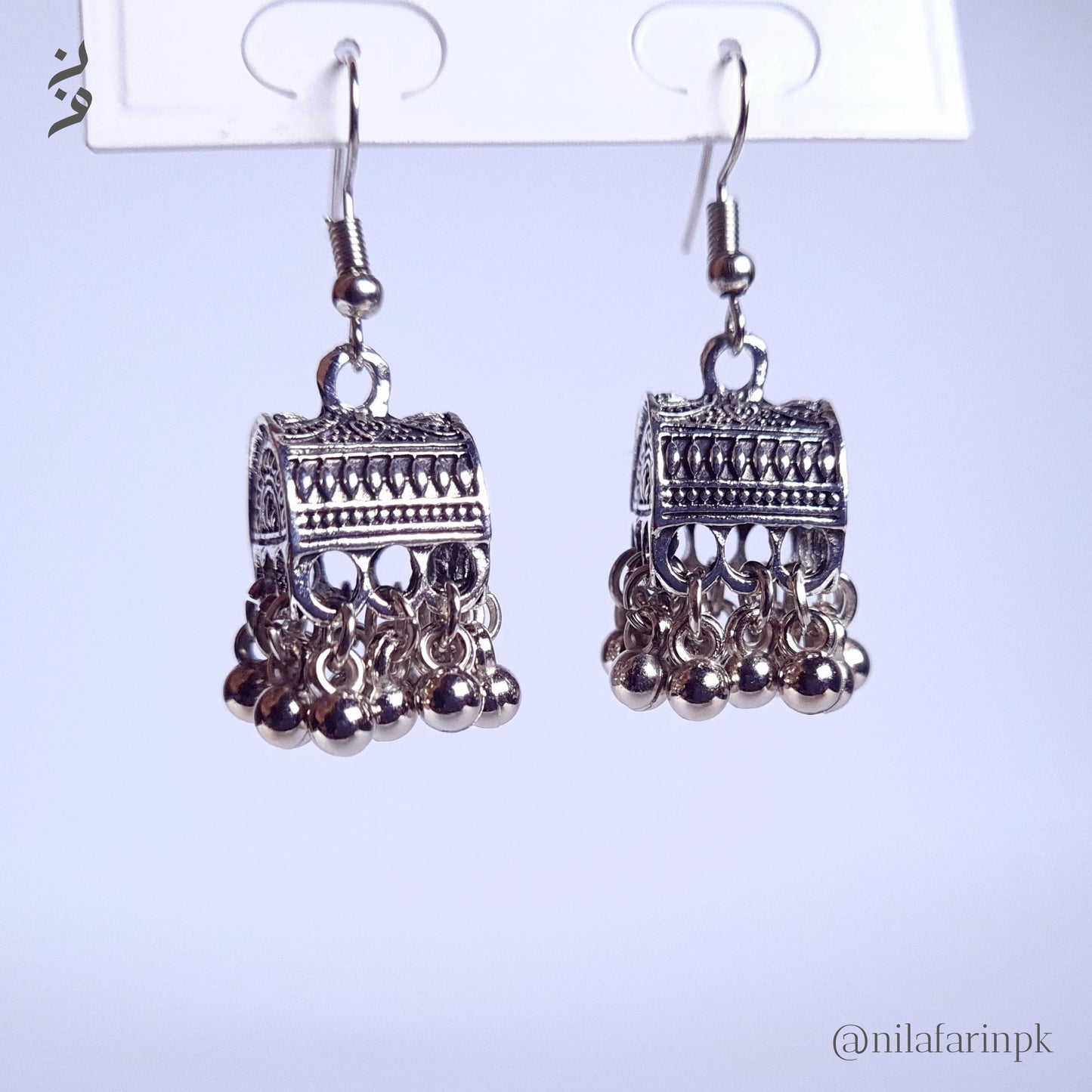 Silver-Toned Box Jhumka Earrings with Bead Drops