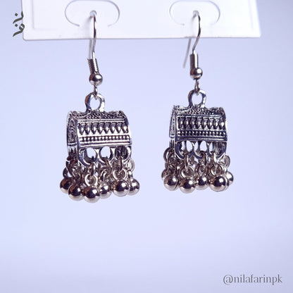 Silver-Toned Box Jhumka Earrings with Bead Drops
