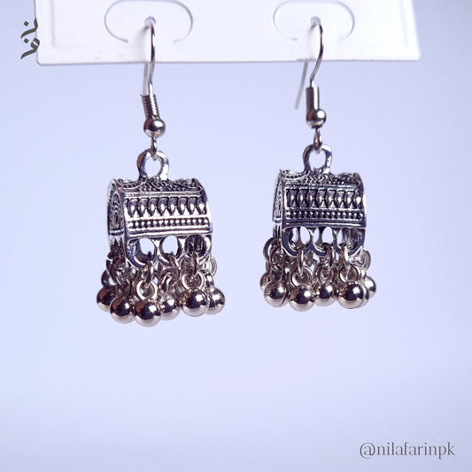 Silver-Toned Box Jhumka Earrings with Bead Drops