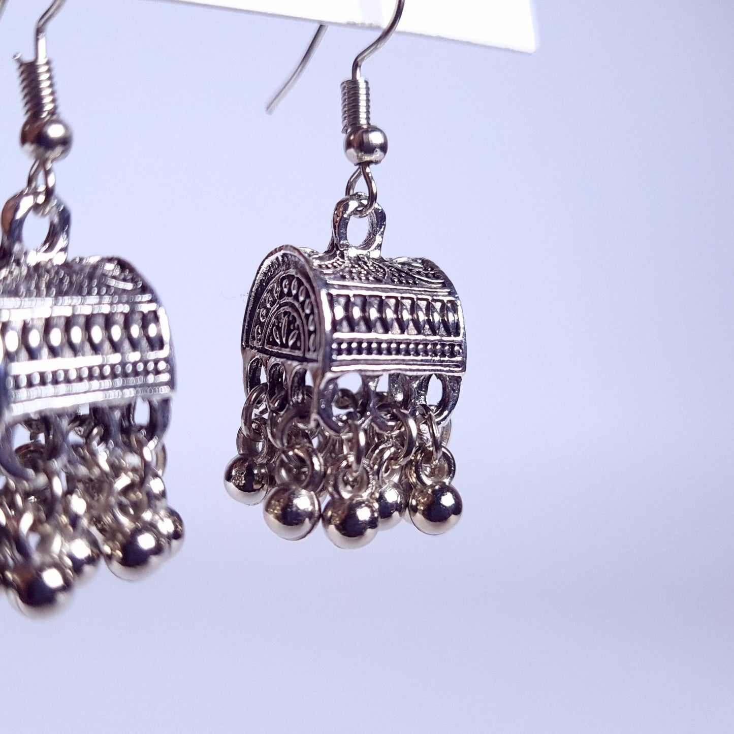 Silver-Toned Box Jhumka Earrings with Bead Drops