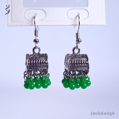 Silver-Toned Box Jhumka Earrings with Bead Drops