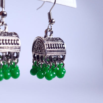Silver-Toned Box Jhumka Earrings with Bead Drops