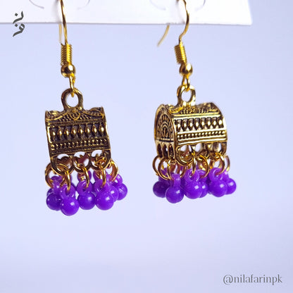 Silver-Toned Box Jhumka Earrings with Bead Drops