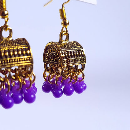 Silver-Toned Box Jhumka Earrings with Bead Drops