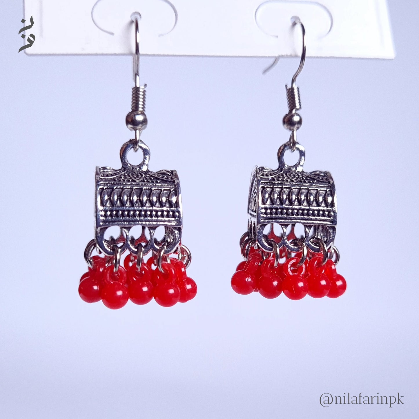 Silver-Toned Box Jhumka Earrings with Bead Drops