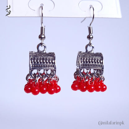 Silver-Toned Box Jhumka Earrings with Bead Drops