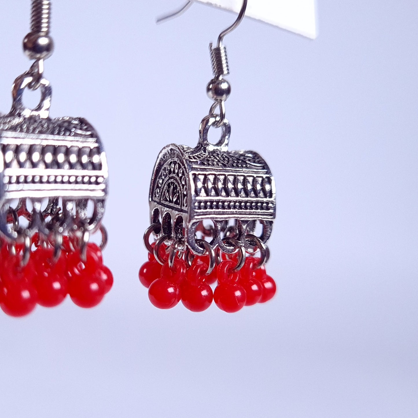 Silver-Toned Box Jhumka Earrings with Bead Drops