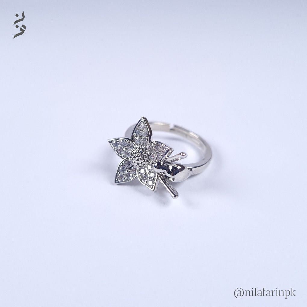 Whimsical Silver Plated Pave CZ Flower Ring with Bee Accent