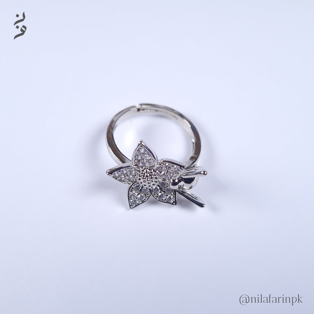 Whimsical Silver Plated Pave CZ Flower Ring with Bee Accent
