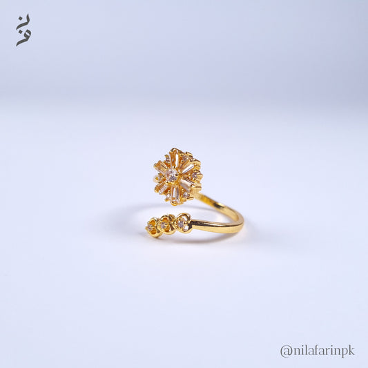 Modern Open Cuff Ring with Baguette & Round CZ Starburst Flower Design