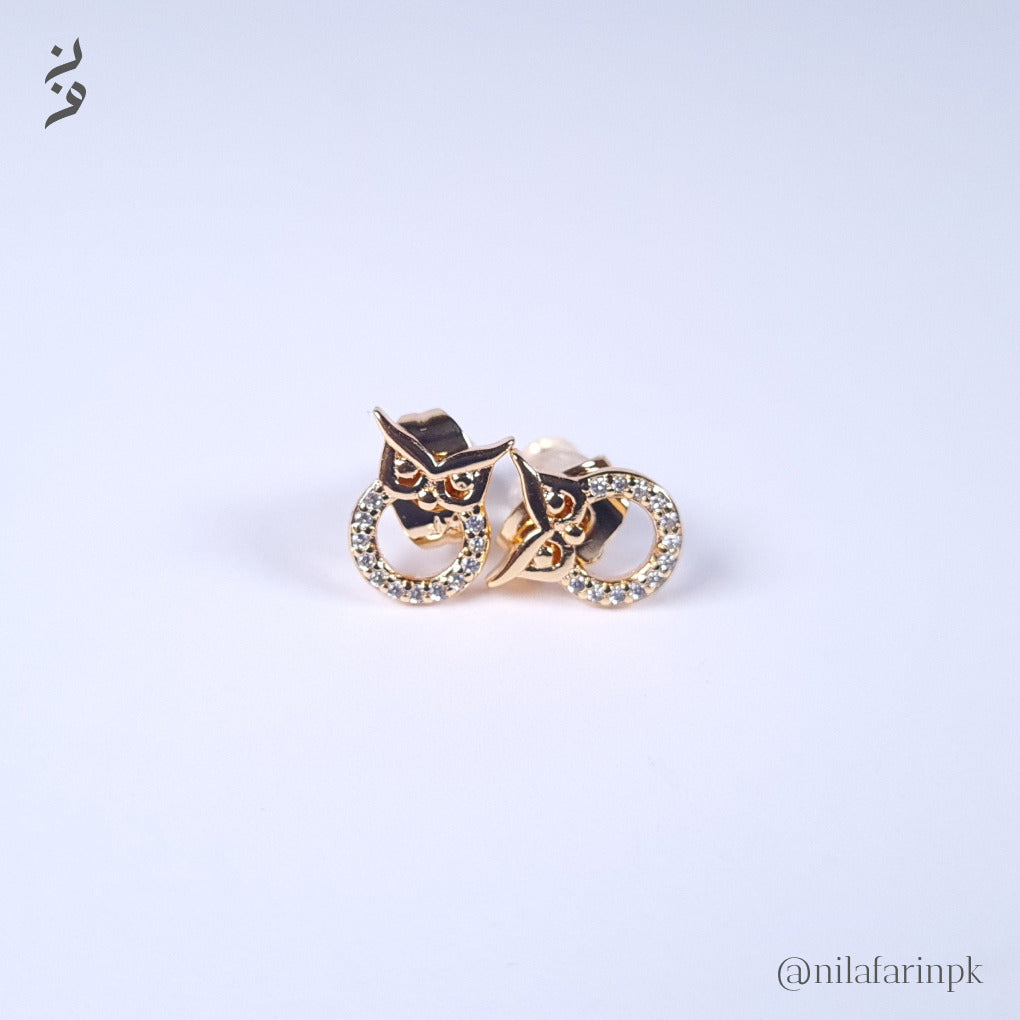 Dainty Gold Owl Pave Halo Stud Earrings