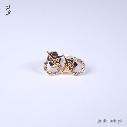 Dainty Gold Owl Pave Halo Stud Earrings