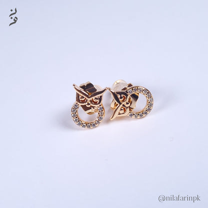 Dainty Gold Owl Pave Halo Stud Earrings