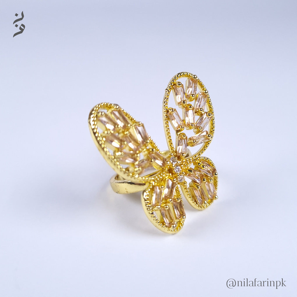 Sparkling Butterfly Cocktail Ring with Champagne Baguette CZ Stones