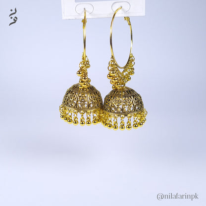 Large Gold-Toned Filigree Jhumka Hoop Earrings