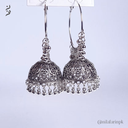 Large Antique Silver Oxidized Jhumka Hoop Earrings
