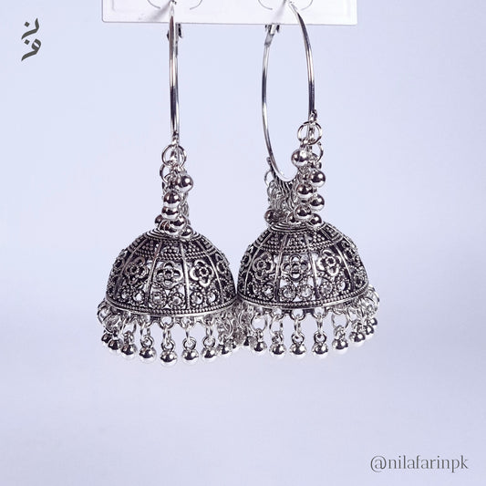 Large Antique Silver Oxidized Jhumka Hoop Earrings