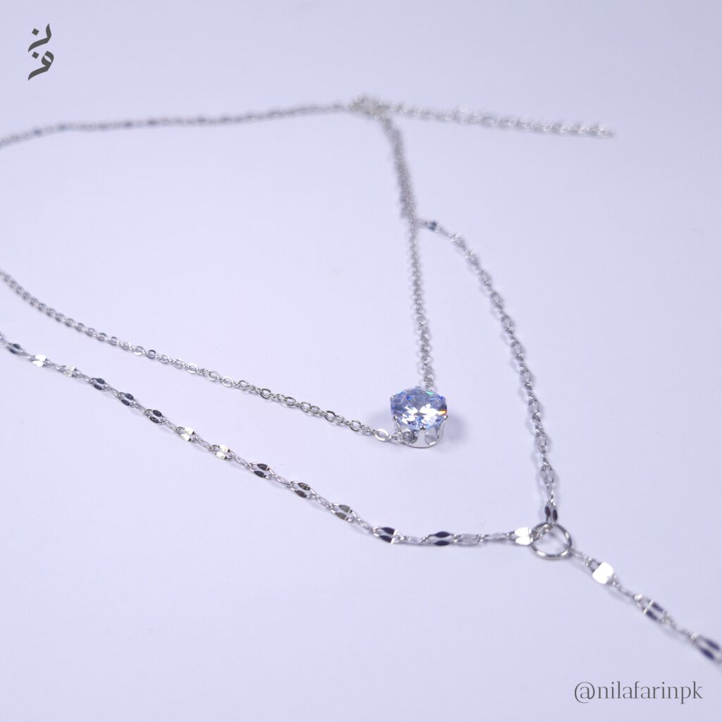 Silver Pearl Station & Crystal Layered Necklace |New Arrival|