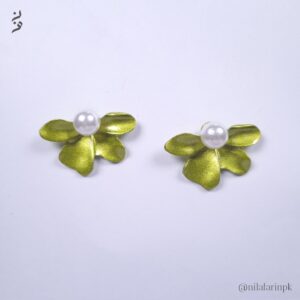 Metallic Lime Green Leaf & Pearl Stud Earrings New Arrival|